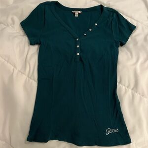 Guess Teal Ribbed Short Sleeve Henley with Rhinestone Logo